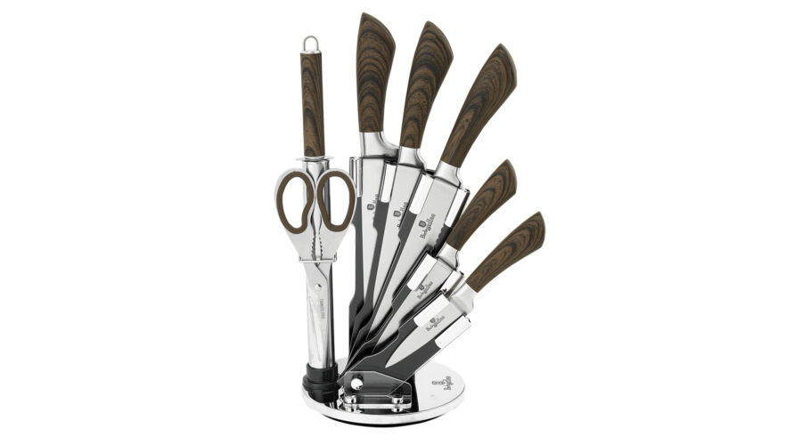 8 r�szes rozsdamentes ac�l k�sk�szlet �llv�nnyal,fa mint�zat� ny�llel