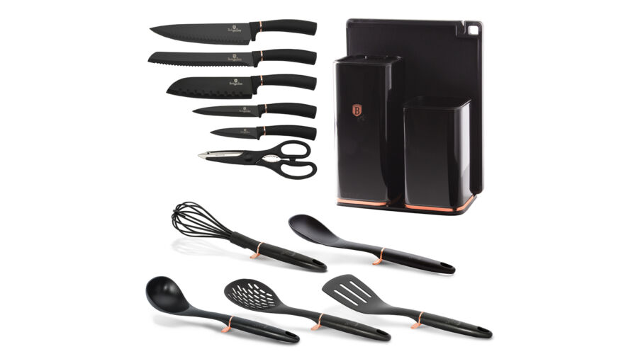 Berlinger Haus Black Rose Collection 12 r�szes konyhai k�szlet k�sekkel, kiszed�kkel �s v�g�deszk�va