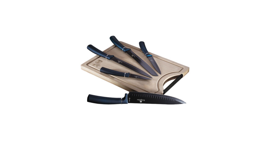 Berlinger Haus Metallic Aquamarine Line 6 r�szes k�sk�szlet bambusz v�g�deszk�val, s�t�tk�k/fekete