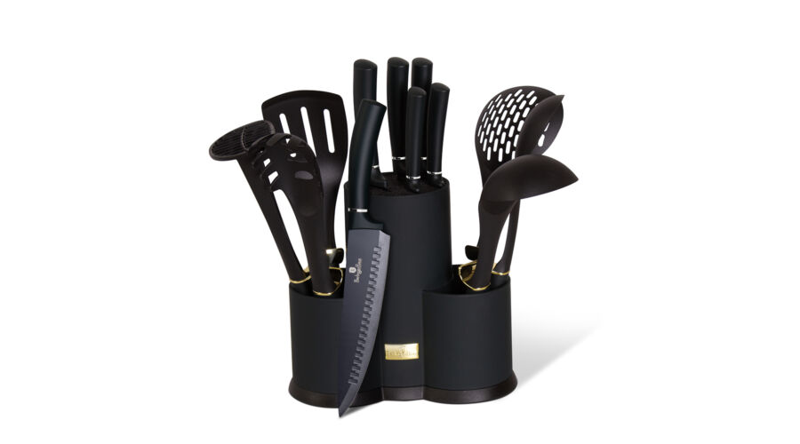 Berlinger Haus Royal Black Collection 12 r�szes konyhai k�szlet k�sekkel �s kiszed�kkel, fekete/ez�s