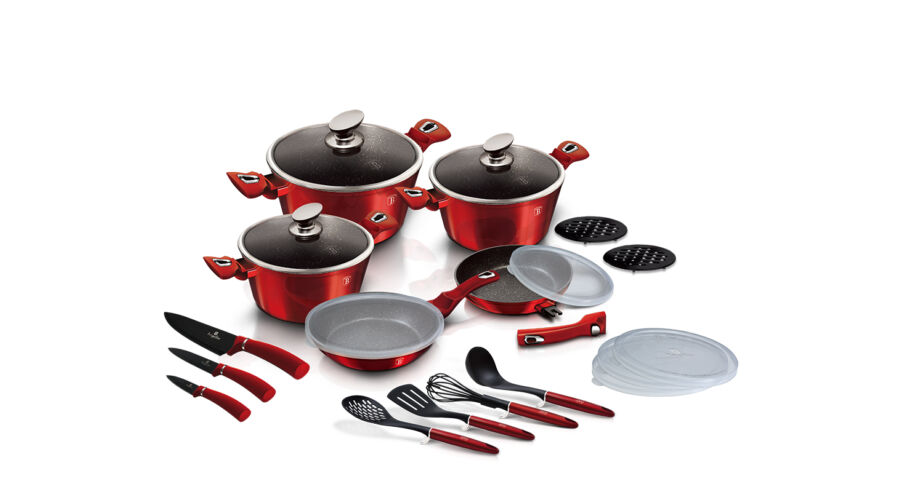 Berlinger Haus Metallic Burgundy Line 22 r�szes ed�nyk�szlet m�rv�ny bevonattal, met�l k�ls� bevonat