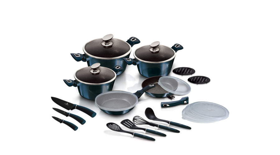 Berlinger Haus Metallic Aquamarine Line 22 r�szes ed�nyk�szlet m�rv�ny bevonattal, met�l k�ls� bevon