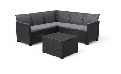 Elodie 5 szemlyes rattan hats manyag kerti sarokgarnitra,trols asztallal grafit-hvs szrke