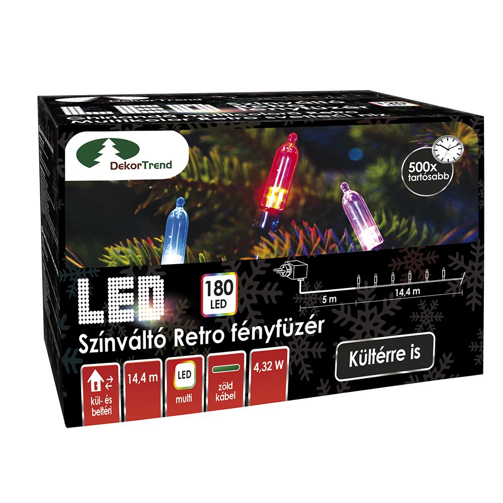 K�lt�ri sz�nv�lt� Retro f�nyf�z�r, 180 LED, RGB sz�nben, 14,4 m z�ld k�bel