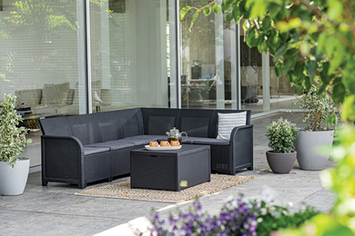 Rosalie 6 szem�lyes rattan hat�s� m�anyag kerti sarok �l�garnit�ra Arica asztallal, grafit - h�v�s s