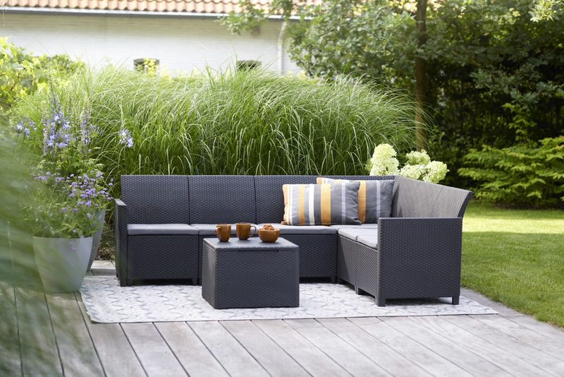 Claire 6 szem�lyes m�anyag rattan hat�s� kerti b�tor szett, t�rol�s asztallal grafit - h�v�s sz�rke